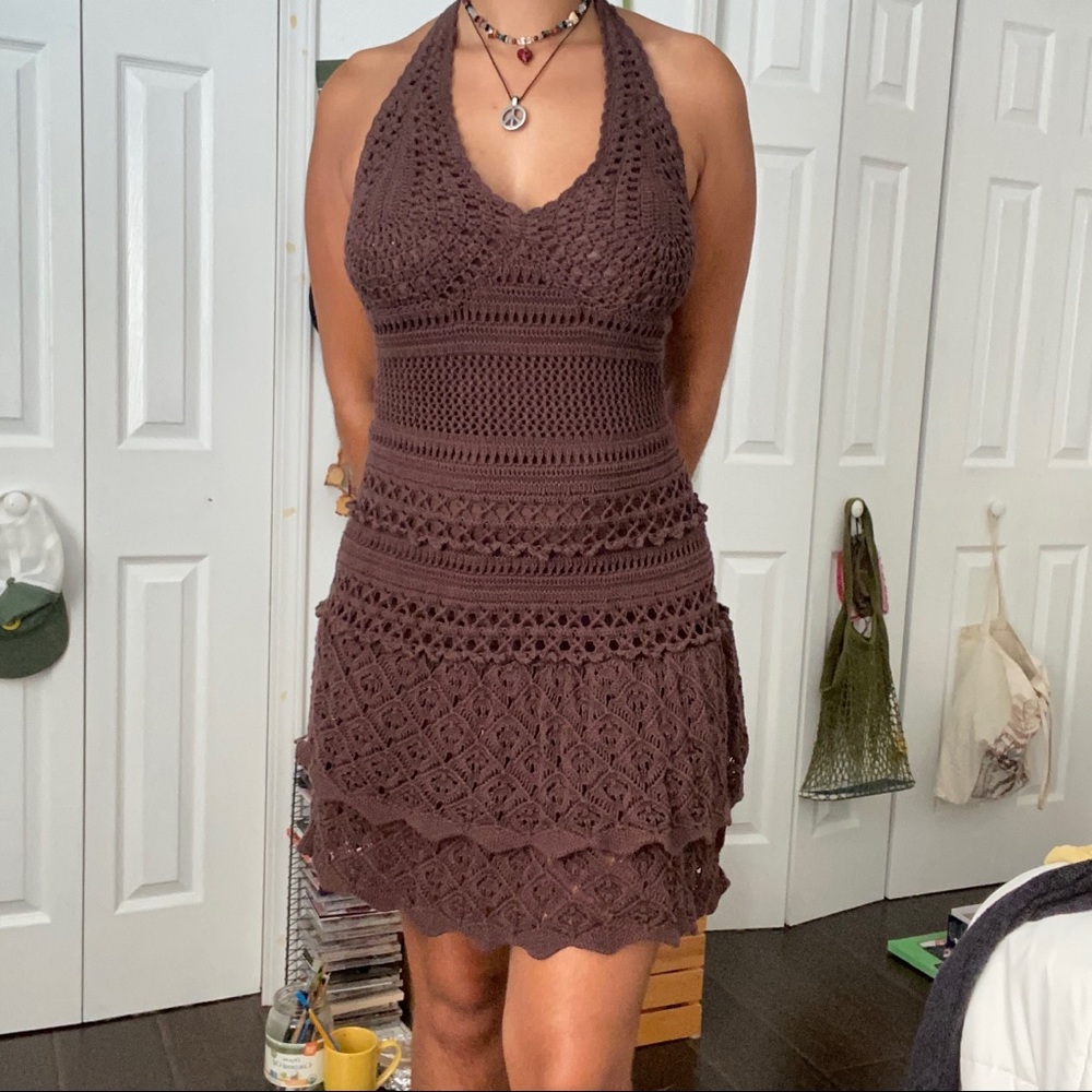Moda International fairycore knit/crochet brown halter mini dress